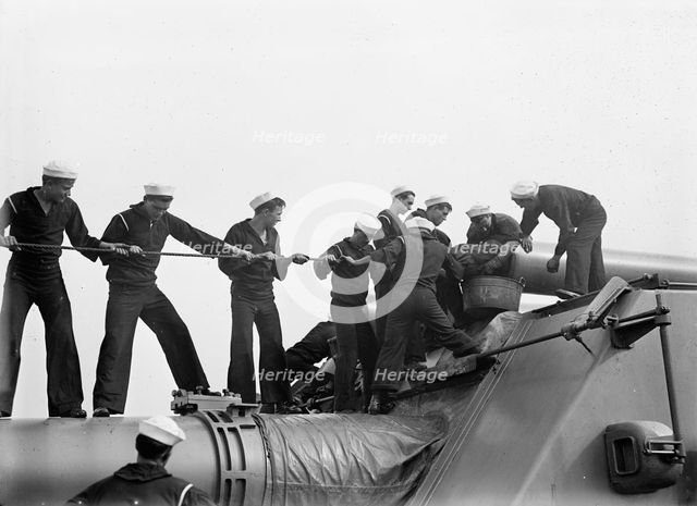 Target Practice - Cleaning 12' Gun, 1913. Creator: Unknown.