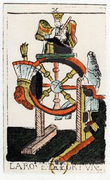 Tarot card of The Wheel of Fortune, Noblet Tarot, 17th century. Creator: Unknown