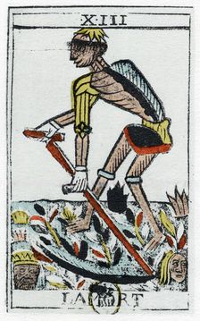 Tarot Card of Death, the grim reaper, Noblet tarot, 17th century. Creator: Unknown