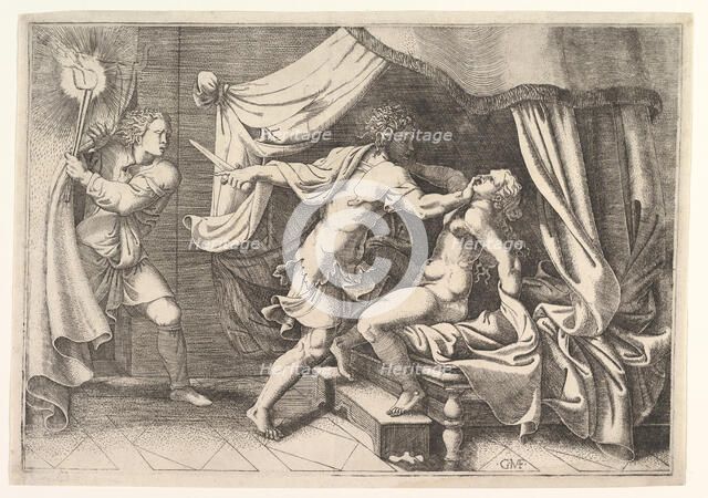 Tarquin attacking Lucretia, a servant at left witnessing the scene, ca. 1540. Creator: Giorgio Ghisi.
