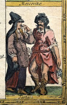 Tartar types, colored engraving from the book Le Theatre du monde or Nouvel Atlas 1645, crea…