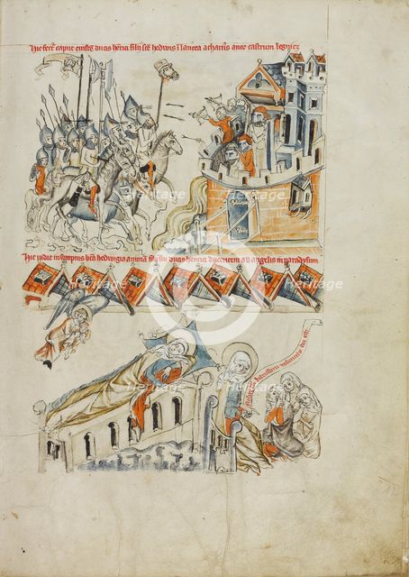 Tartars Carrying the Head of Heinrich before Castle Liegnitz Saint Hedwig..., 2nd Half of 14th cen. Creator: Workshop of the Codex of Lubin (Vita beatae Hedwigis) (1364-1398).