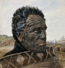 Te Mutu: portrait showing detail of moko design, Tauranga 1864, 1864. Creator: Major HG Robley