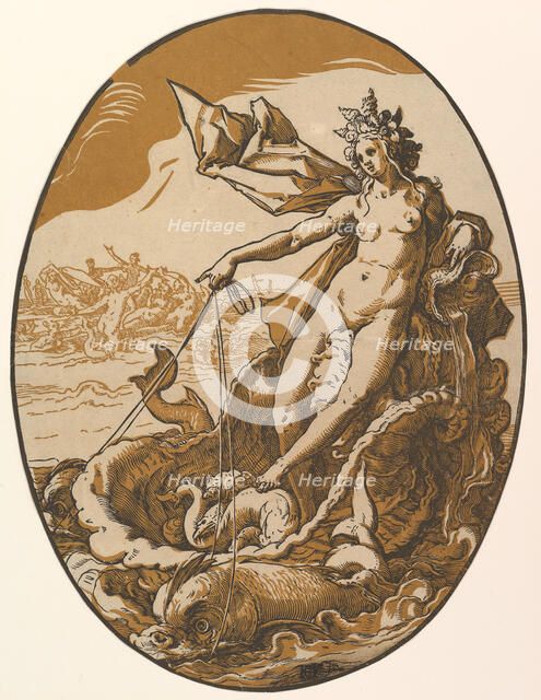 Tethys reclining in a giant shell chariot pulled by two sea creatures, 1588-90. Creator: Hendrik Goltzius.