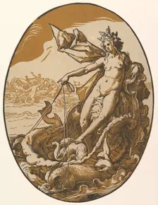 Tethys reclining in a giant shell chariot pulled by two sea creatures, 1588-90. Creator: Hendrik Goltzius