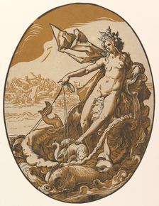 Tethys reclining in a giant shell chariot pulled by two sea creatures, 1588-90. Creator: Hendrik Goltzius