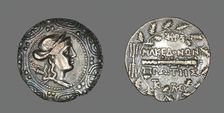 Tetradrachm (Coin) Depicting a Macedonian Shield with the Goddess Artemis, 158-149 BCE. Creator: Unknown