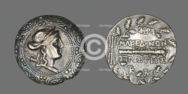 Tetradrachm (Coin) Depicting a Macedonian Shield with the Goddess Artemis, 158-149 BCE. Creator: Unknown.