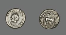 Tetradrachm (Coin) Depicting Quadriga with Bearded Charioteer, 485-478 BCE. Creator: Unknown