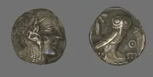 Tetradrachm (Coin) Depicting the Goddess Athena, 490-322 BCE. Creator: Unknown