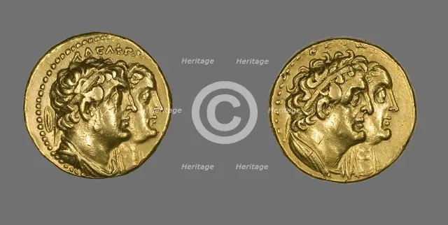 Tetradrachm (Coin) Portraying King Ptolemy II Philadelphos and Queen Arsinoe II, After 270 BCE. Creator: Unknown.