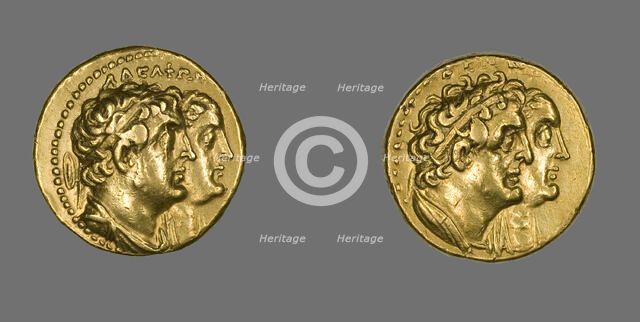 Tetradrachm (Coin) Portraying King Ptolemy II Philadelphos and Queen Arsinoe II, After 270 BCE. Creator: Unknown.