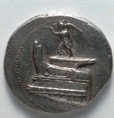 Tetradrachm: Nike Blowing Trumpet, standing on war galley prow (obverse), c. 300-295 BC. Creator: Unknown