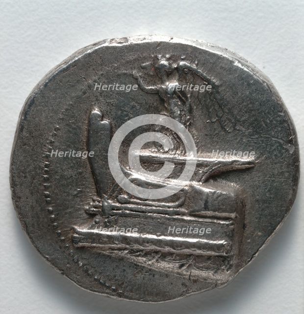 Tetradrachm: Nike Blowing Trumpet, standing on war galley prow (obverse), c. 300-295 BC. Creator: Unknown.