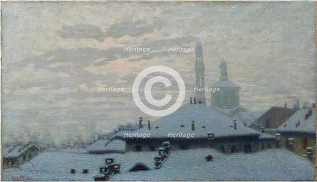 Tetti sotto la neve (Roofs under the snow), 1910. Creator: Morbelli, Angelo (1853-1919).