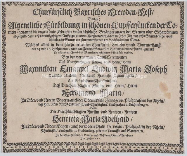 Text to accompany plate illustrating the fireworks display celebrating the birth of Prince..., 1662. Creator: Mathäus Küsel.