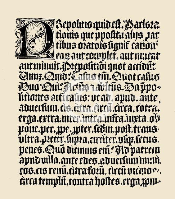 Text page of the Donato Grammar from 4th century, printed by Gutenberg in 1460. Wood engraving fr…