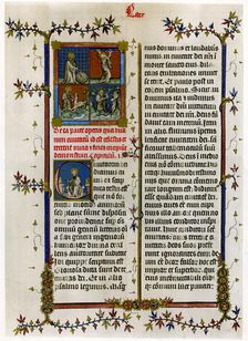 Text page with biblical scenes, late 14th century