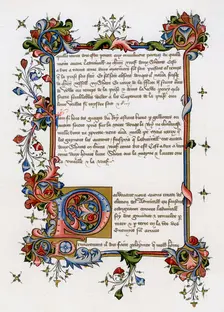 Text page with illuminated initial letter, early 15th century