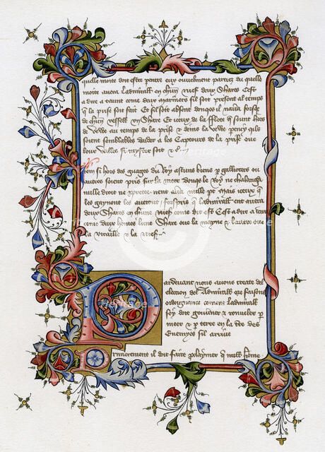Text page with illuminated initial letter, early 15th century. Artist: Unknown