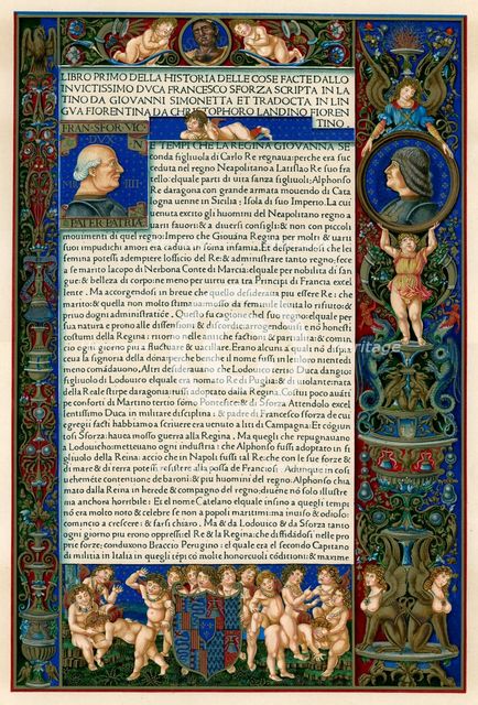 Text page with portraits of Francesco Sforza, 1490. Artist: Unknown