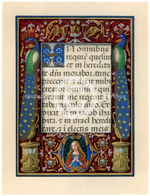 Text page with the Virgin and two peacocks, c1490. Artist: Unknown