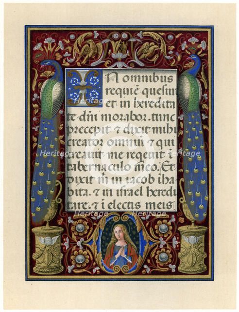Text page with the Virgin and two peacocks, c1490. Artist: Unknown