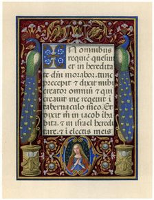 Text page with the Virgin and two peacocks, c1490