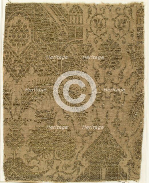 Textile with Figures and Animals in Architectural Setting, Italian, 15th century. Creator: Unknown.