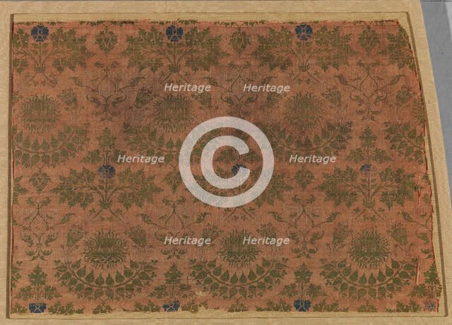 Textile with Lions' Heads, Foliate Ornament and Kufic Letter L, Italian, 14th century. Creator: Unknown.