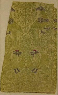 Textile Fragment with brocade with Bird, Dragon, and Palmette Motifs, Italian, 13th century. Creator: Unknown
