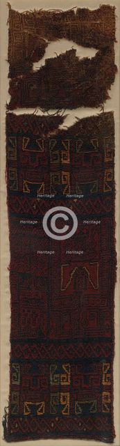 Textile Fragment with Frontal Deity Heads, Felines, and Interlace Pattern, 700 BC- 400 BC. Creator: Unknown.