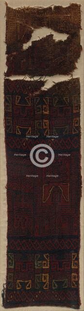 Textile Fragment with Frontal Deity Heads, Felines, and Interlace Pattern, 700 BC- 400 BC. Creator: Unknown.