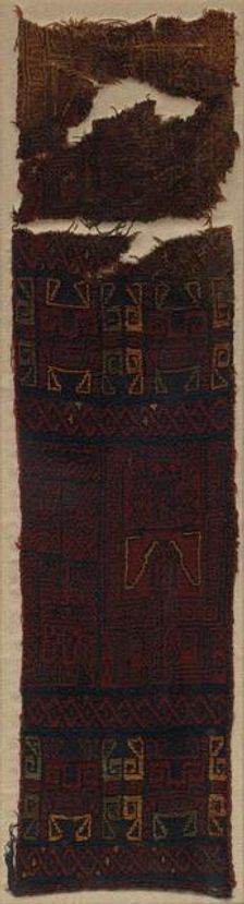 Textile Fragment with Frontal Deity Heads, Felines, and Interlace Pattern, 700 BC- 400 BC. Creator: Unknown