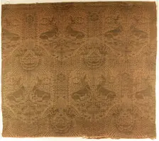 Textile Fragment with Recumbent Harts, Eagles, Clouds, and Sunrays, Italian, 1390s. Creator: Unknown