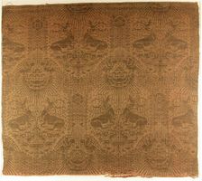 Textile Fragment with Recumbent Harts, Eagles, Clouds, and Sunrays, Italian, 1390s. Creator: Unknown