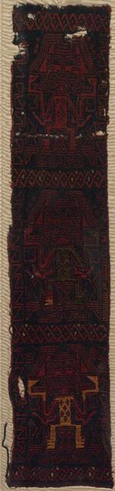 Textile Fragment with Three Frontal Deities and Interlace Pattern, 700 - 400 BC. Creator: Unknown