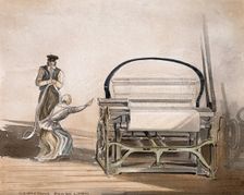 Textiles: Crompton's belt-driven power loom, with a man standing by and a woman working. Creator: Unknown