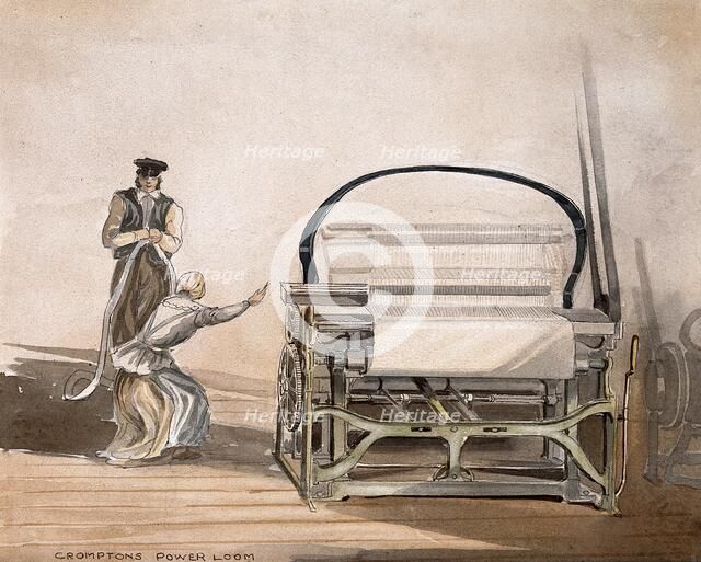 Textiles: Crompton's belt-driven power loom, with a man standing by and a woman working. Creator: Unknown.