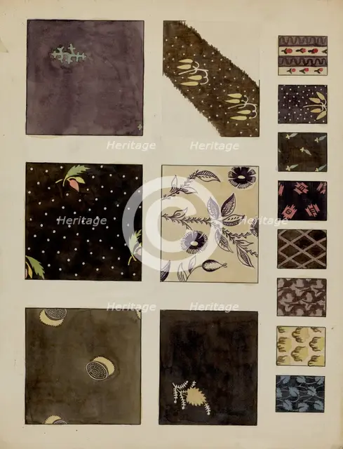 Textiles from Patchwork Quilt, c. 1936. Creator: Millia Davenport.