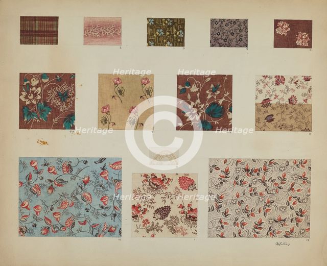 Textiles in Patchwork Quilt, c. 1937. Creator: Charlotte Winter.