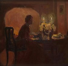 Tea by candlelight. Creator: Lobley, John Hodgson (1878-1954)