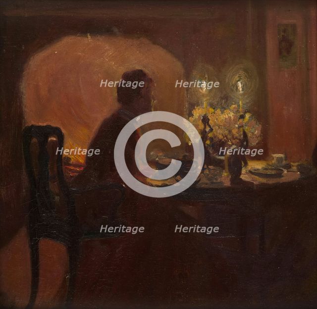 Tea by candlelight. Creator: Lobley, John Hodgson (1878-1954).