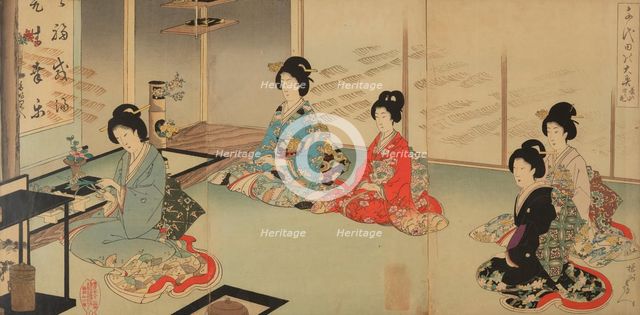 Tea Ceremony with Flower Arranging, from the series The Inner Palace of Chiyoda, 1895. Creator: Chikanobu, Toyohara (Yoshu) (1838-1912).