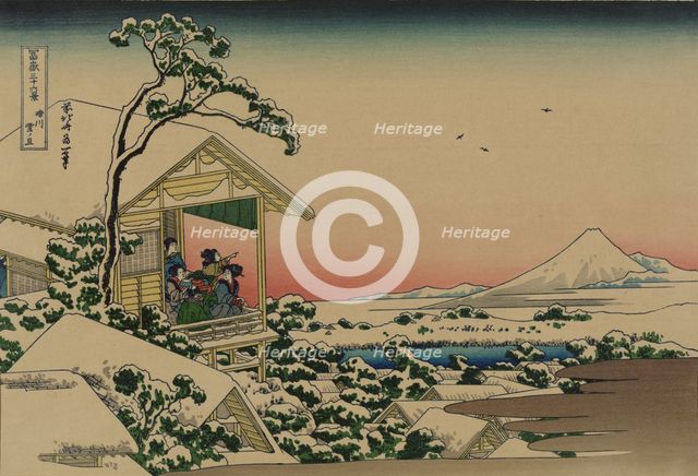 Tea house at Koishikawa. The morning after a snowfall (from a Series "36 Views of Mount Fuji"), 1830