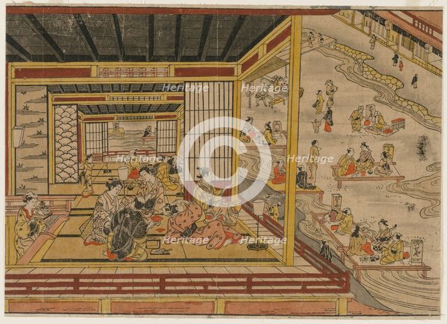 Tea House Beside the Kamo River in Kyoto, 1740s. Creator: Nishimura Shigenaga (Japanese, 1697(?)-1756).