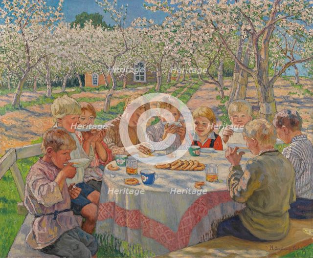 Tea In The Apple Orchard. Creator: Bogdanov-Belsky, Nikolai Petrovich (1868-1945).