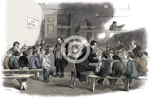 Teaching boys to read in the Ragged School Union school, Lambeth, London, 1868. Artist: Unknown.
