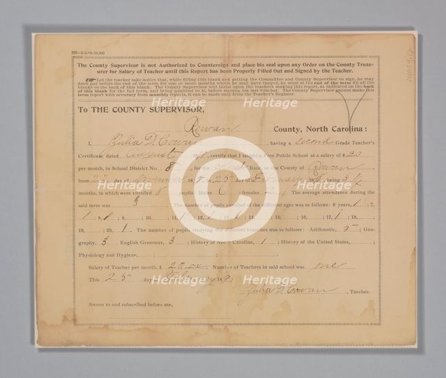 Teaching report for County Supervisor of Rowan, NC filled out by Julia Cowan, 1897. Creator: Unknown.
