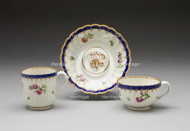 Teacup, Coffee Cup, and Saucer, Worcester, 1775/80. Creator: Royal Worcester.